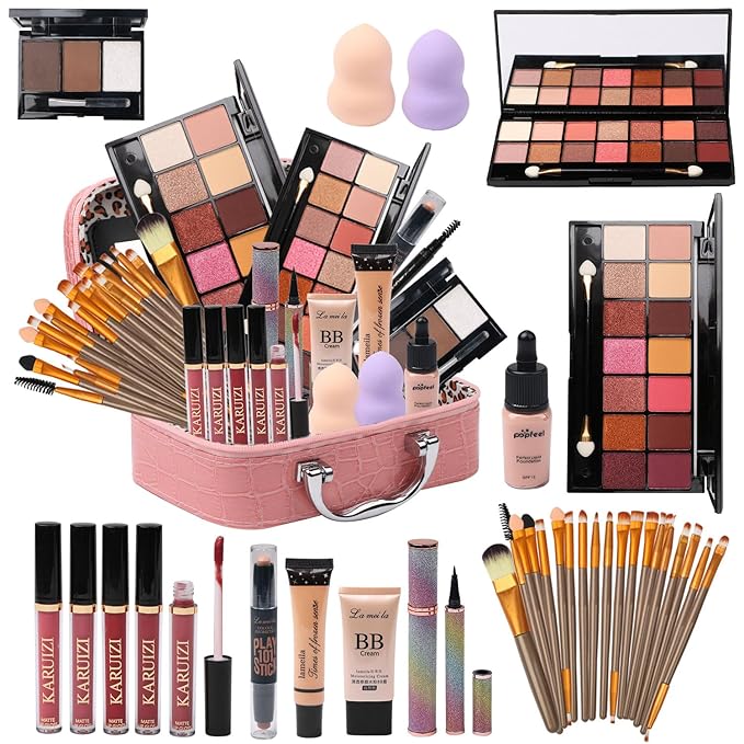 All in One Makeup Kit for Makeup storage bag 2X14 Colors Eyeshadow Palette Liquid Foundation Eyeliner Pencils Contouring Stick Lip Gloss Eyebrow Pencils 20Pcs Makeup Brushes etc For Women Girls Teens (Pink)-BrightBean Baby