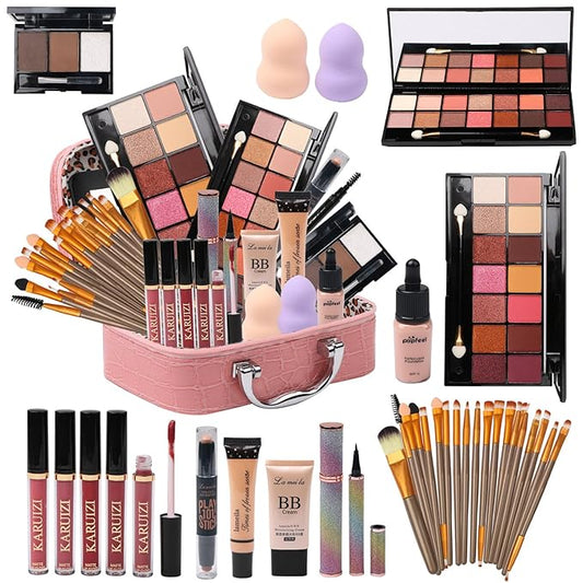 All in One Makeup Kit for Makeup storage bag 2X14 Colors Eyeshadow Palette Liquid Foundation Eyeliner Pencils Contouring Stick Lip Gloss Eyebrow Pencils 20Pcs Makeup Brushes etc For Women Girls Teens (Pink)-BrightBean Baby