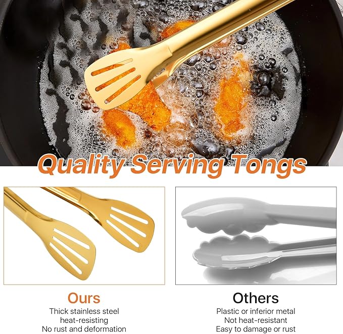 6 Pack Gold Serving Tongs, 12.9 Inch Stainless Steel Salad Tongs, Food Tong Serving Utensils for Cooking Buffet Wedding Party Catering