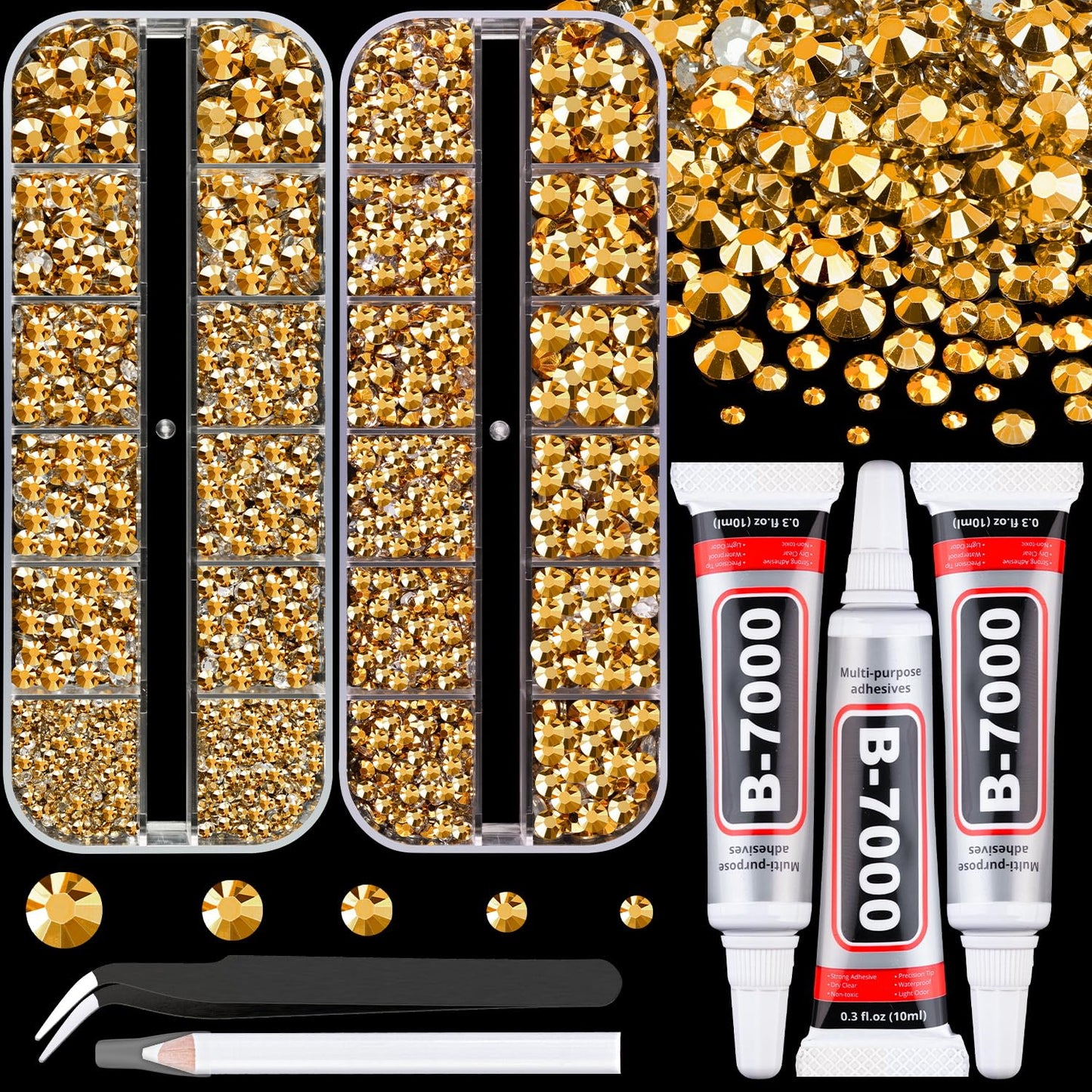 Resin Rhinestones for Crafting with B7000 Jewelry Glue, 2 Boxes Gold Flatback Crystals with 3Pcs 10ml Glue for Bedazzling Crafts DIY Nail Art Makeup，Non Hotfix Gems for Clothing Shoes-BrightBean Baby