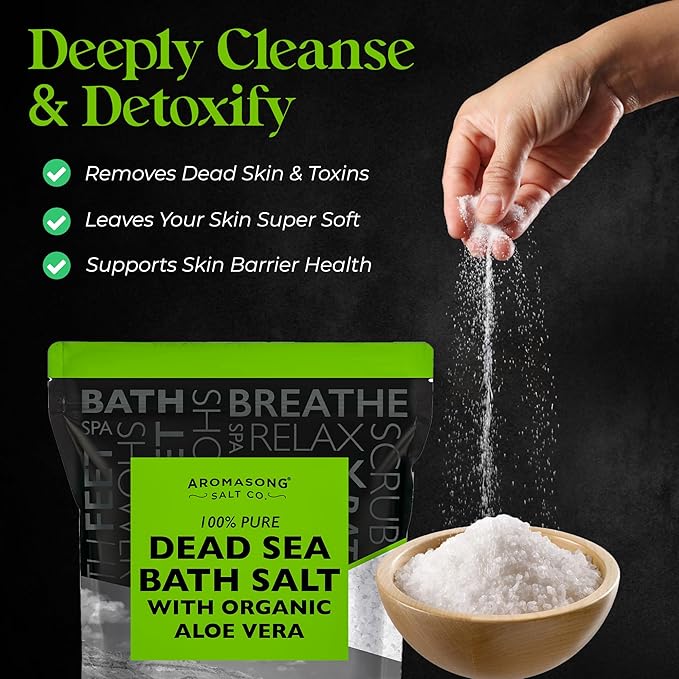 Aromasong Dead Sea Salt with Organic Aloe Vera, Spa Bath Salts, 5 Lbs Fine Bulk resealable Pack, 100% Pure & Natural, Soak for Women & Men for Tired Muscles & Skin Issues (Packaging May Vary)-BrightBean Baby