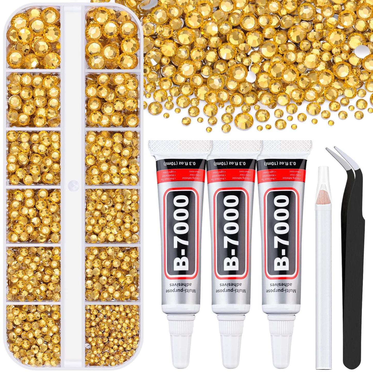 6000Pcs Resin Rhinestones for Bedazzling with 3Pcs B7000 Jewelry Glue, 1 Box Golden Flatback Rhinestones for Crafting Crafts DIY, Crystals Gems for Clothing Shoes Tumblers Nail Art Makeup-BrightBean Baby