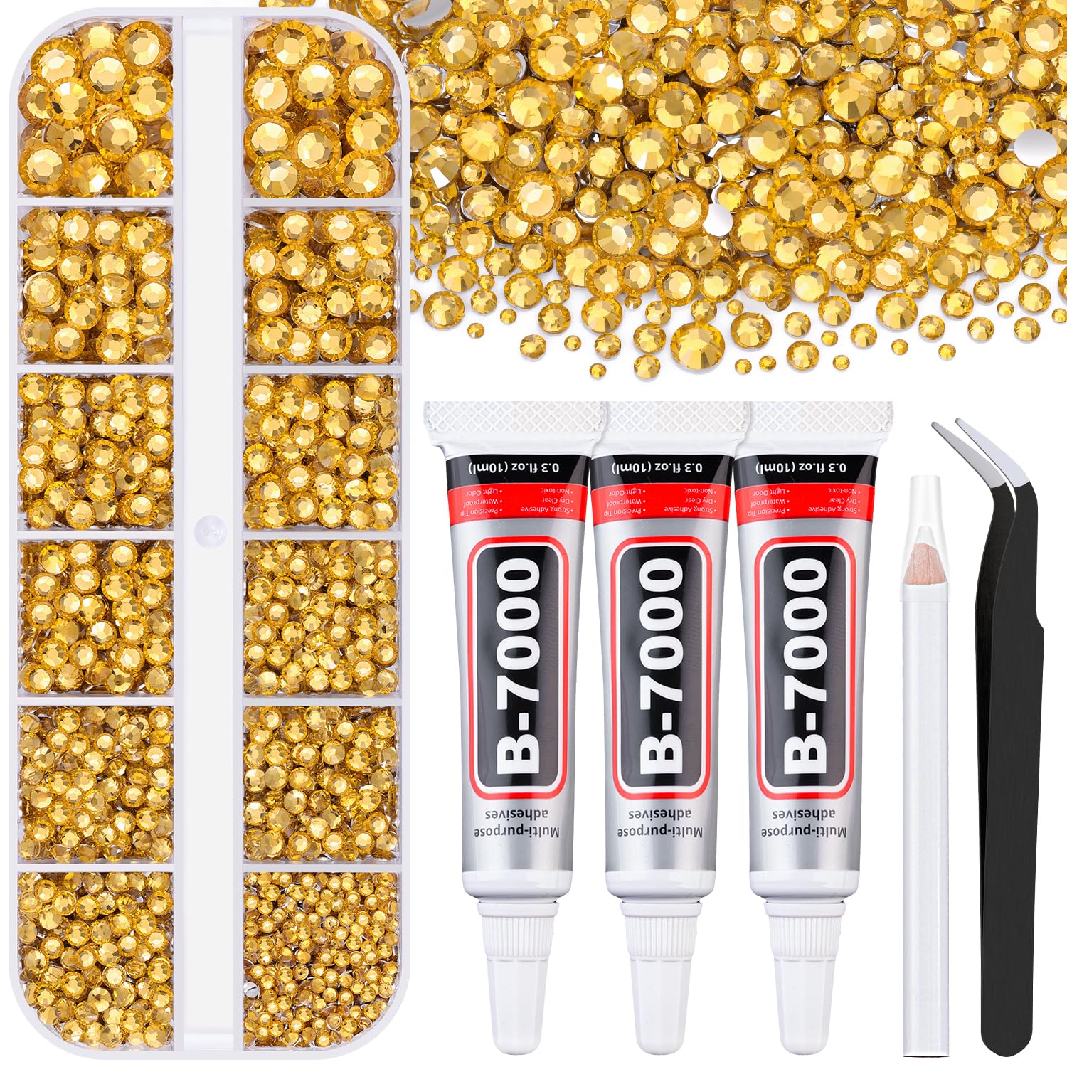 6000Pcs Resin Rhinestones for Bedazzling with 3Pcs B7000 Jewelry Glue, 1 Box Golden Flatback Rhinestones for Crafting Crafts DIY, Crystals Gems for Clothing Shoes Tumblers Nail Art Makeup-BrightBean Baby