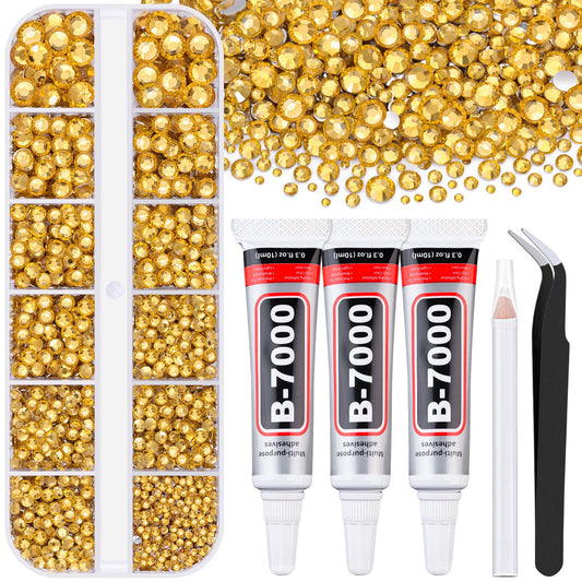 6000Pcs Resin Rhinestones for Bedazzling with 3Pcs B7000 Jewelry Glue, 1 Box Golden Flatback Rhinestones for Crafting Crafts DIY, Crystals Gems for Clothing Shoes Tumblers Nail Art Makeup-BrightBean Baby