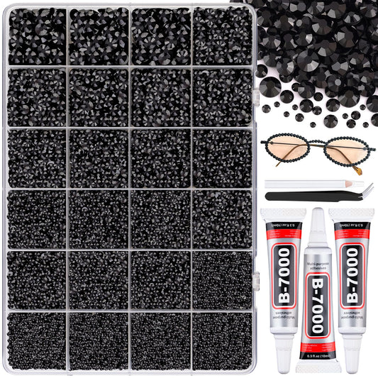 30000Pcs Resin Black Rhinestones with B7000 Jewelry Glue for Crafting, 2-6mm Non Hotfix Flatback Gems, Bedazzling Crystal for DIY Crafts Clothing Tumblers Mugs Shoes Fabric Decor Nail Art-BrightBean Baby