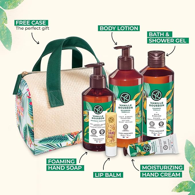 Yves Rocher Bain de Nature Vanilla 6-Piece Gift Set, Shower Gel, Hand Cream, Body Lotion, Lip Balm, Hand Soap & Vanity Bag, 6 Items-BrightBean Baby