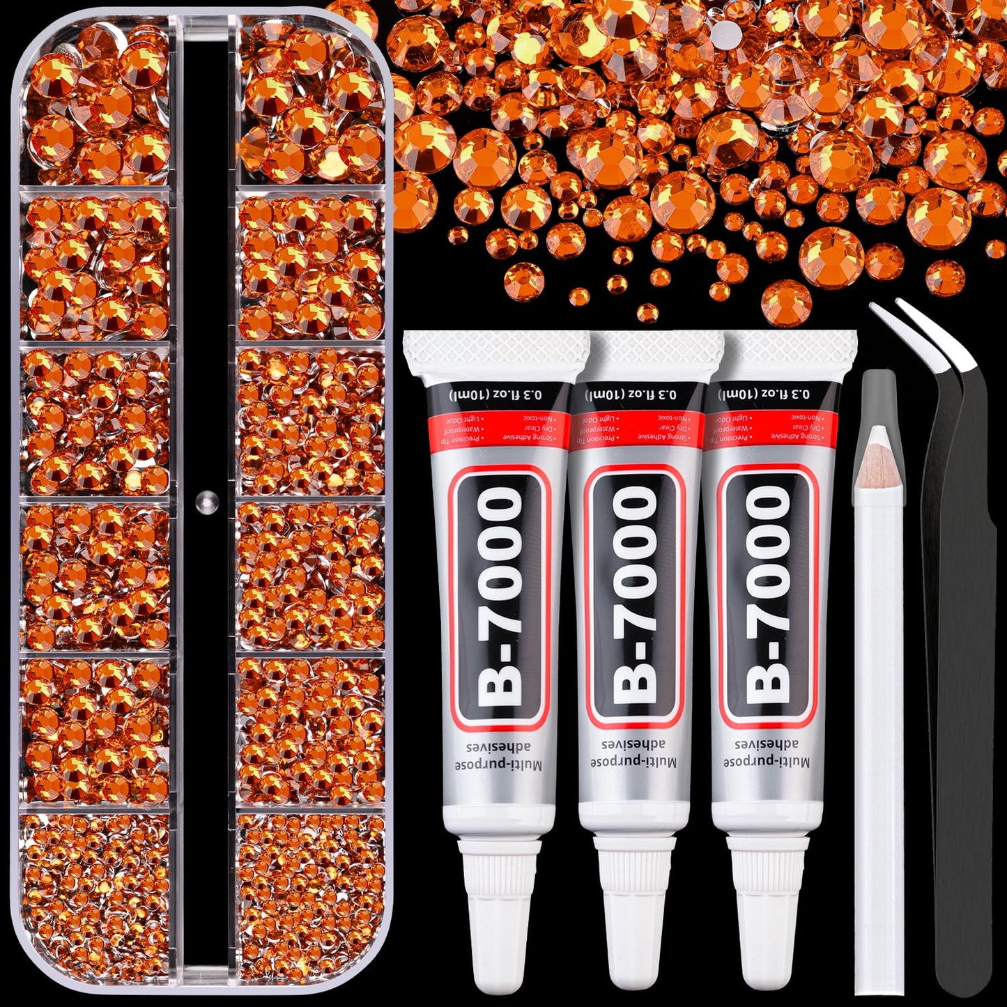 Resin Rhinestones for Crafting with B7000 Jewelry Glue, 1 Box Orange Flatback Crystals with 3Pcs 10ml Glue for Bedazzling Crafts DIY Nail Art Makeup，Non Hotfix Gems for Clothing Shoes-BrightBean Baby