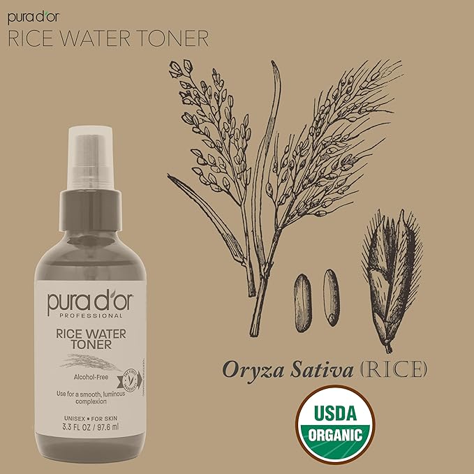 PURA D'OR 3.3 Oz Rice Water Facial Toner - Hydrating, Balancing & Soothing Formula with Natural Extracts - Skin Texture Support for Radiant Skin - Alcohol-Free - Travel Size-BrightBean Baby