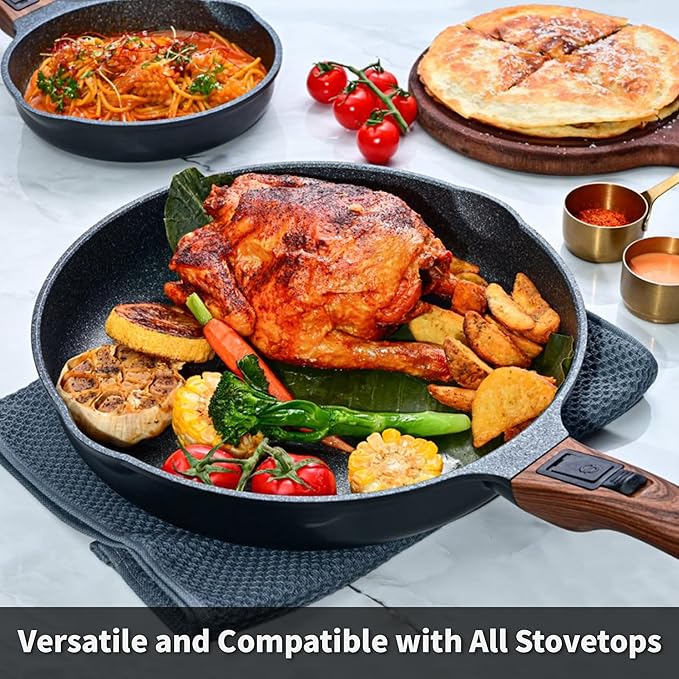Smart Nonstick Frying Pan Set with Removable Handles - 10 & 12.5 Inch Cast Aluminum Skillets