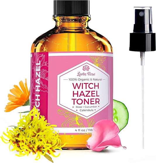 Witch Hazel Alcohol Free Toner by Leven Rose, 100% Pure Organic Facial Rose Water with Rose Petals, Calendula, Cucumber, and Chamomile Flower 4 oz-BrightBean Baby