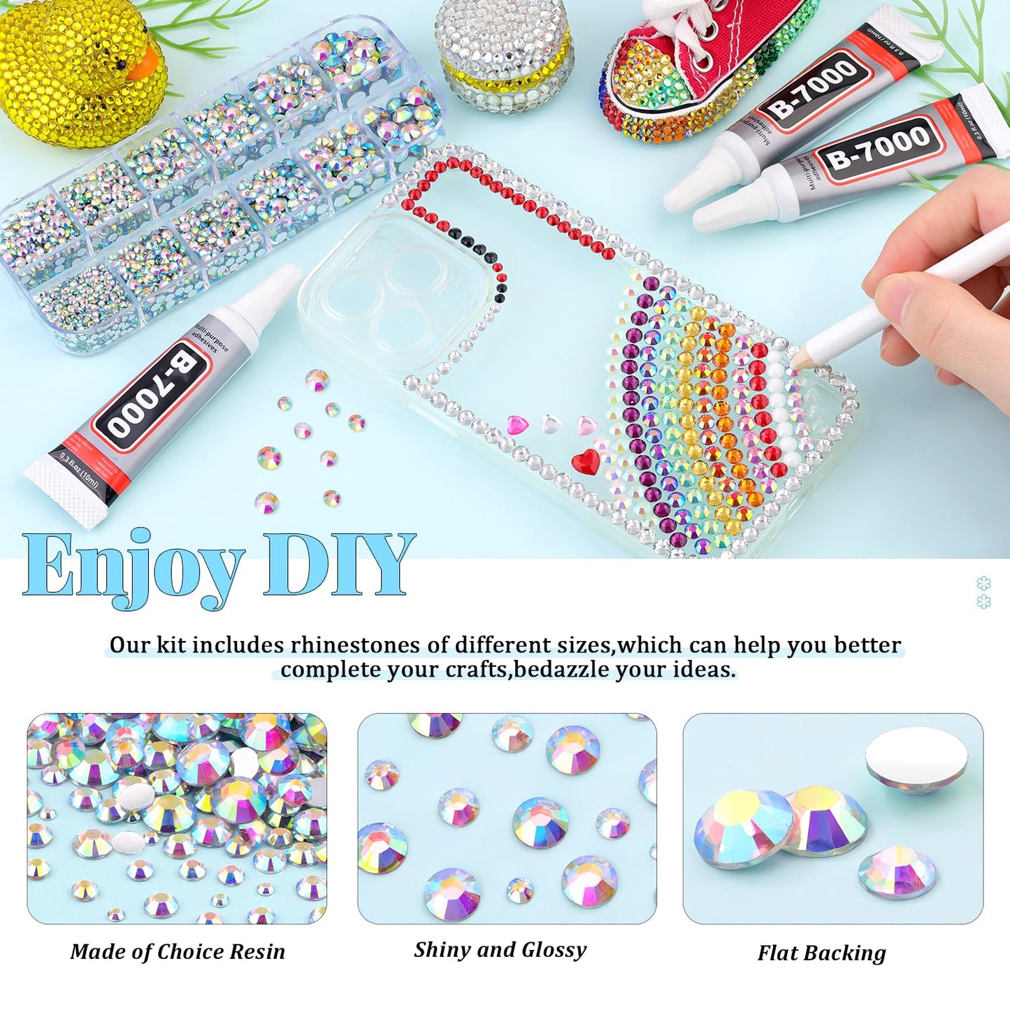 6000Pcs Resin Rhinestones for Bedazzling with 3Pcs B7000 Jewelry Glue, 1 Box AB Flatback Rhinestones for Crafting Crafts DIY, Crystals Gems for Clothing Shoes Tumblers Nail Art Makeup-BrightBean Baby