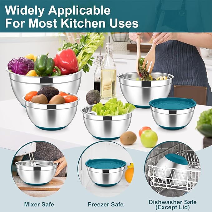 TeamFar Mixing Bowls, 6 PCS Stainless Steel Nesting Salad Bowl with Lids & 3 Graters, For Kitchen Cooking Serving Prepping, Airtight & Non-Slip, Size 4.6/3.5/2/1.5/1/0.7 QT, Blue