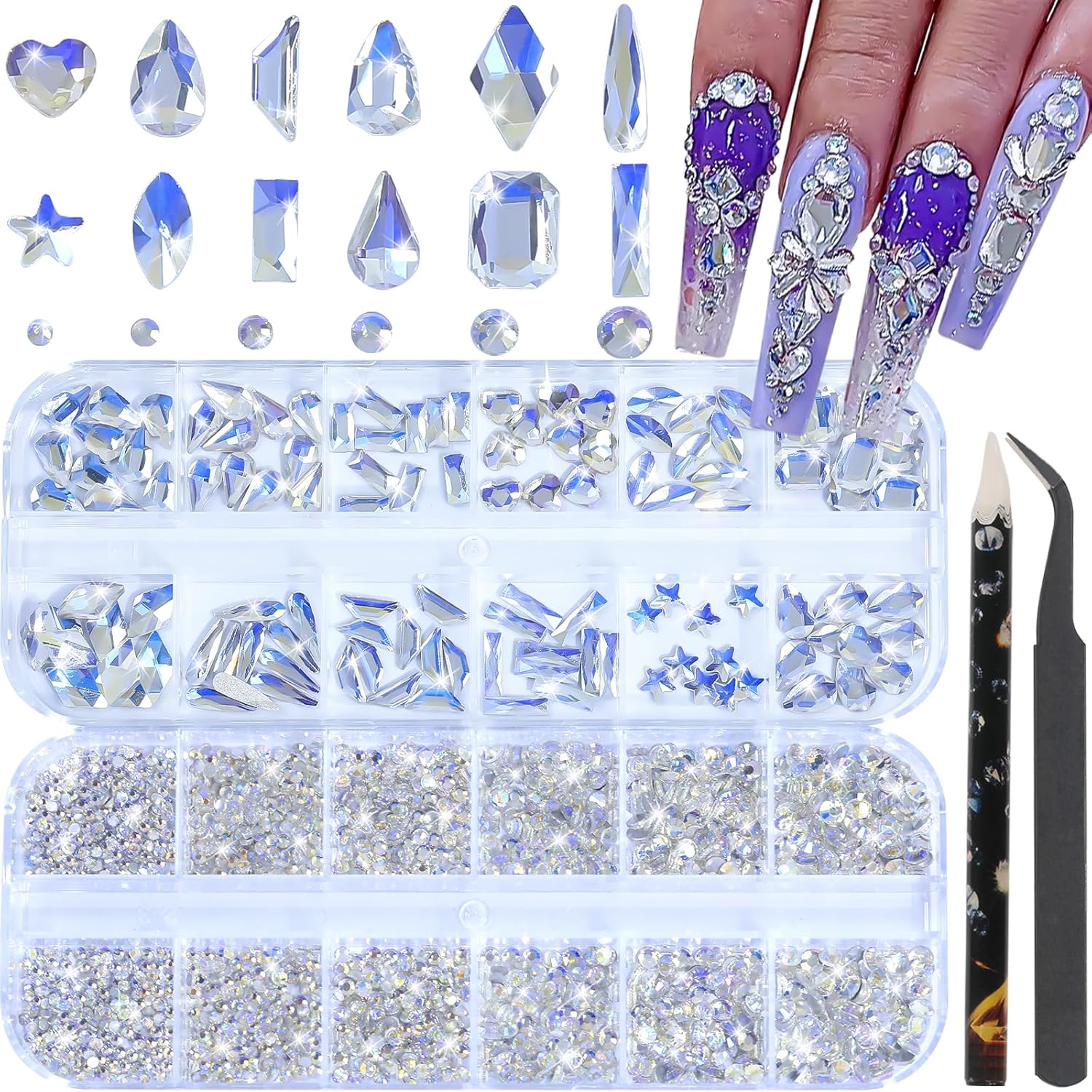 HNUIX Nail Rhinestones - 3D Multi Shape Size, Crystal Blue Moonlight Nail Gems, Flat Back, with Kit, for Nail Art, DIY Decorations-BrightBean Baby