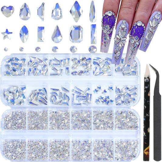 HNUIX Nail Rhinestones - 3D Multi Shape Size, Crystal Blue Moonlight Nail Gems, Flat Back, with Kit, for Nail Art, DIY Decorations-BrightBean Baby