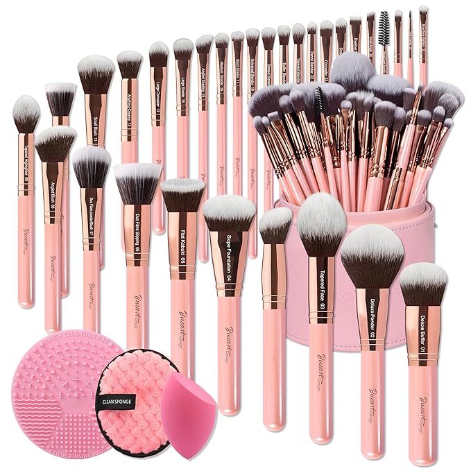 Bueart Design Labeled 30Pcs Professional Deluxe Makeup Brushes set with Extra large holder case for Foundation Face Blending Blush Concealers Eyeshadow-BrightBean Baby
