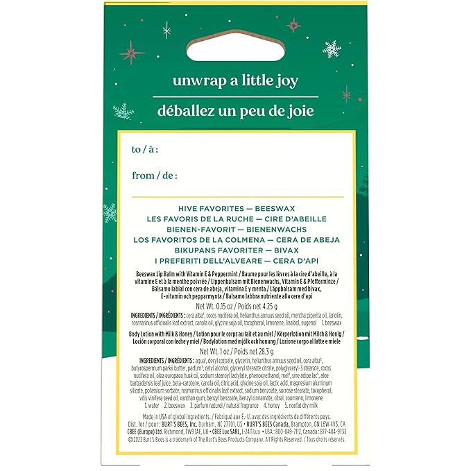 Burt's Bees Hive Favorites Beeswax Holiday Gift Set, Beeswax Lip Balm and Travel Size Body Lotion with Milk and Honey-BrightBean Baby