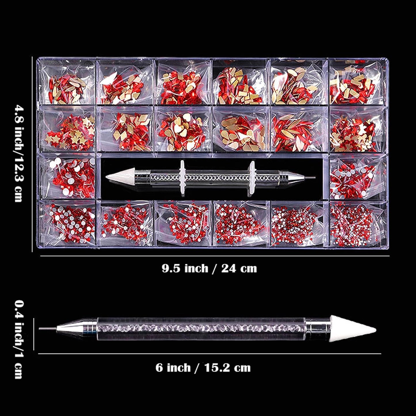 Nail Rhinestones Kit, Nail Art Decorations with Wax Pencil Flat AB Rhinestones Kit DIY Crafts Gemstones for Nail, Shoes, Clothes, Jewels (600 Red Diamonds + 2500 Flat Rhinestone)-BrightBean Baby