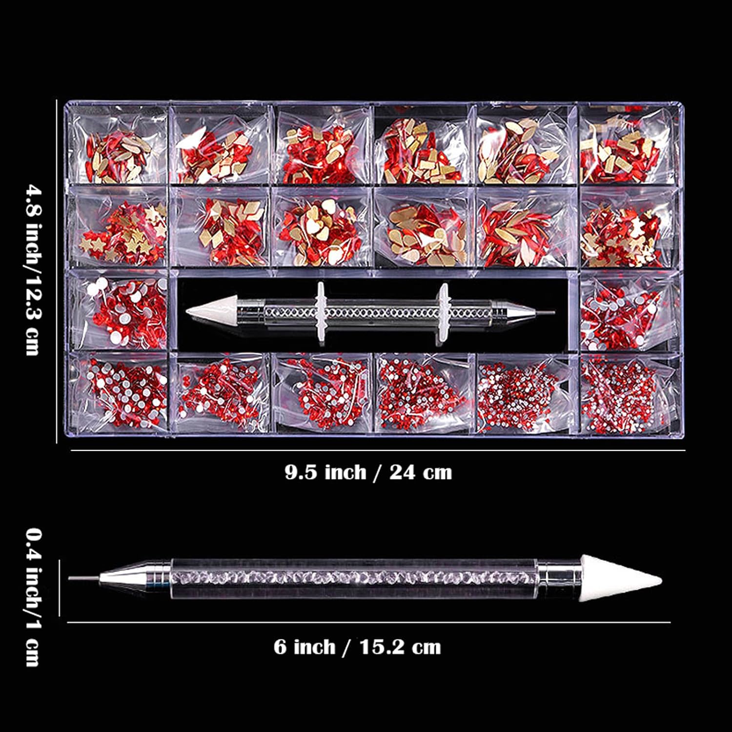 Nail Rhinestones Kit, Nail Art Decorations with Wax Pencil Flat AB Rhinestones Kit DIY Crafts Gemstones for Nail, Shoes, Clothes, Jewels (600 Red Diamonds + 2500 Flat Rhinestone)-BrightBean Baby