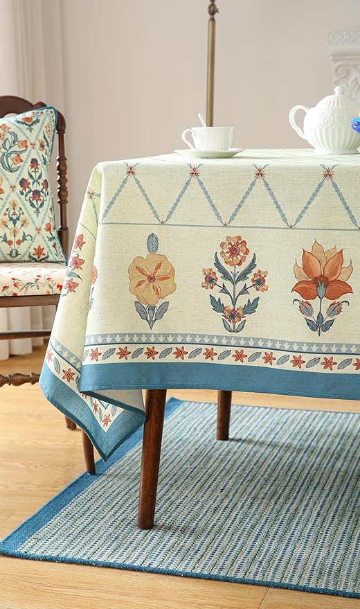 ISAENNE Designer Linen Floral Long Tablecloth Rectangle,Light Green Farmhouse Durable Table Cloth,Washable Decor Tablecloths for Dining Kitchen Thanksgiving Christmas,63"*102"-Floralsea B