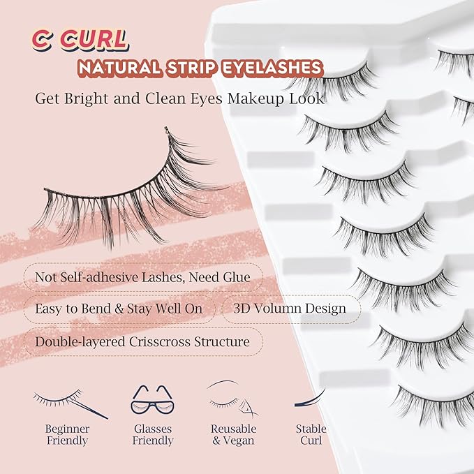 Manga Lashes Natural False Eyelashes 10MM Short Anime Lashes Thin Band Korean Lashes 3D Volume Strip Lashes Wispy Manhua Eyelashes 7 Pair Asian Lashes Siligli-BrightBean Baby