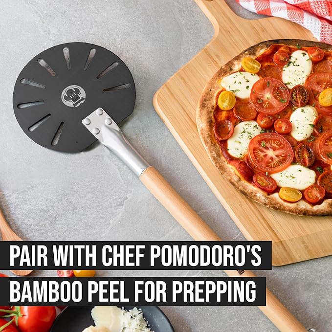 Chef Pomodoro Pizza Turning Peel Aluminium with Wood Handle for Easy Storage, Perforated Pizza Peel Turner, Gourmet Luxury Pizza Paddle for Baking Homemade Pizza Bread, Pizza Turner (7-Inch)