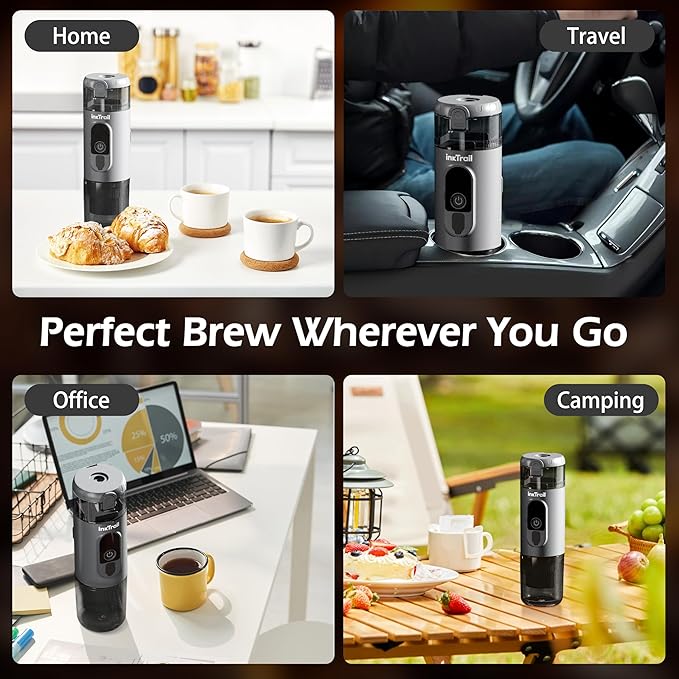 InkTrail Portable Electric Espresso Machine,Travel Coffee Maker for Camping, Self-Heating with Rechargeable Battery, Compatible with Ground Coffee & NS Original Capsule for Car, RV, Hiking, Office