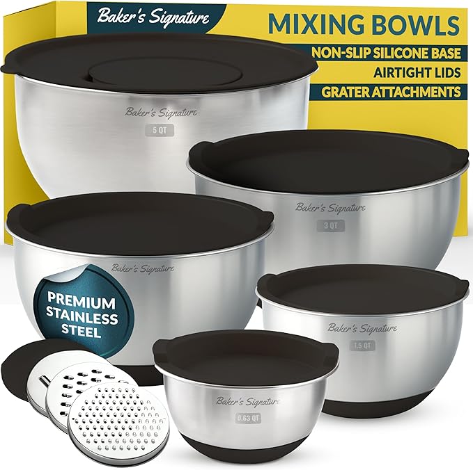 Baker's Signature Stainless Steel Mixing Bowls with Lids Set, 5 Sizes, 3 Graters, Non-Slip Base, Airtight Lids, Metal Mixing Bowls for Kitchen, Food Prep, Storage, 0.63QT-5QT, Black