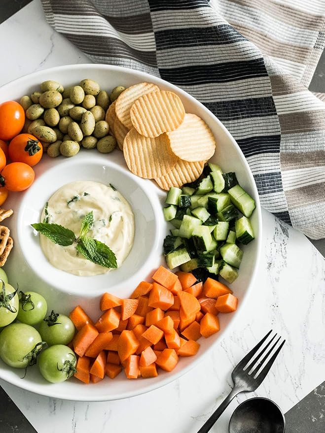 LAUCHUH Porcelain Chip and Dip Serving Set Divided Serving Trays Appetizers and Cheeses Serving Platter Compartment Dish for Thanksgiving, Christmas, Snack, Fruit, Veggies, Candy, 12-inch Set of 1