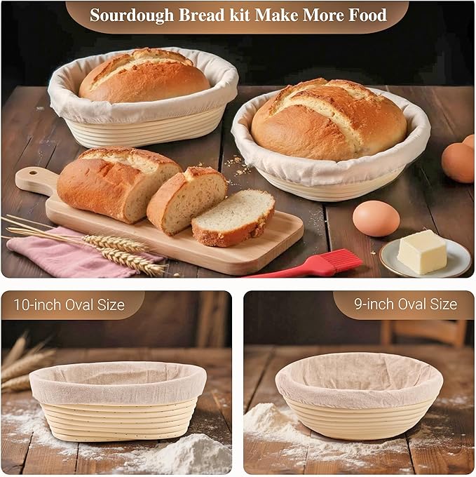 Sourdough Bread Proofing Basket Kit, 9" Round and 10" Oval Banneton Basket with Liners & Covers, Bread Baking Supplies with Bread Lame, Dough Whisk, Brush, Bowl Scraper