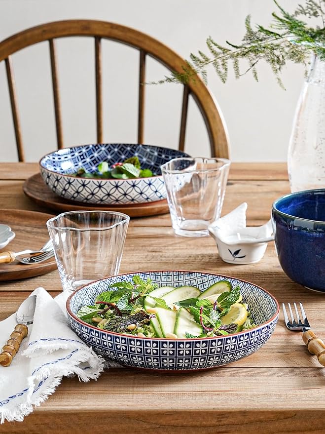 LE TAUCI Pasta Bowl 32 oz, Salad Bowl Serving Plate Bowls, Housewarming Wedding Present, Japanese-Style Ceramic Bowls for Pasta, Fruits, Salad, Noodle, Dinner - 8.2 Inch, Set of 4, Vintage Blue