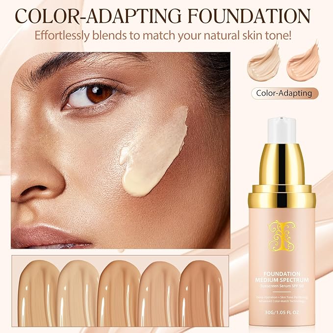Colour Changing Foundation Liquid 4 in 1, Oil-free BB Cream Makeup, Hydrating Longwearing & Waterproof Concealer, SPF 50+ Makeup Base Nude Face, Foundation Medium Spectrum for all Skin(2PCS)-BrightBean Baby