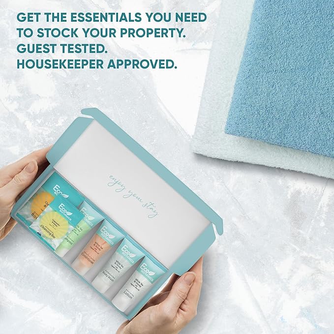 Eco Botanics Amenity & Accessory Kit | 0.85 oz Travel Size Shampoo, Conditioner, Lotion, Body Wash, Soap Bar, Shave & Dental Sets, Make-Up Remover Wipes, & Vanity Kit | 60 sets per case-BrightBean Baby