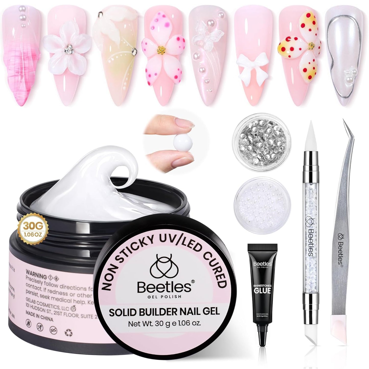 Beetles Solid Builder Nail Gel 1 oz White 3D Sculpting Gel for Nail Art Non-Sticky Extension with Rhinestones & Pearls and Rhinestones Glue Double-Head Pen DIY Salon Home for Women-BrightBean Baby