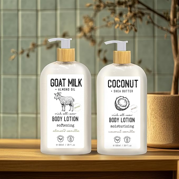 Skin Verse Body Lotion, Goat Milk, Almond Oil Body Lotion, Softening, Almond Vanilla, Coconut, Shea Butter Body Lotion, Moisturizing, Coconut Vanilla, 28 fl. oz. | Home and Body Co-BrightBean Baby