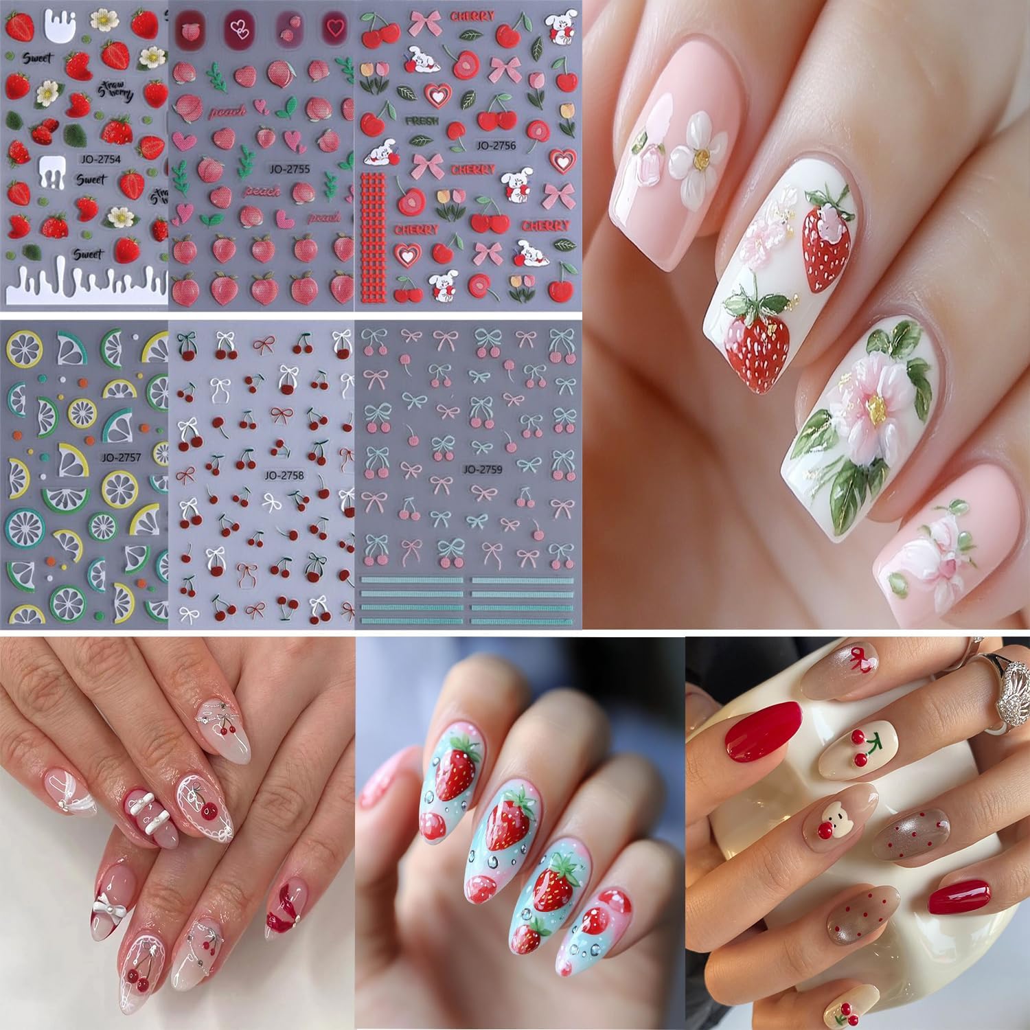 6 Sheets Fruit Nail Art Stickers 3D Self -Adhesive Cherry Strawberry Nail Decals Holographic Lemon Peach Nail Stickers Summer Cute Fruite Nail Decals Decoration for Women DIY Manicure Supplies-BrightBean Baby