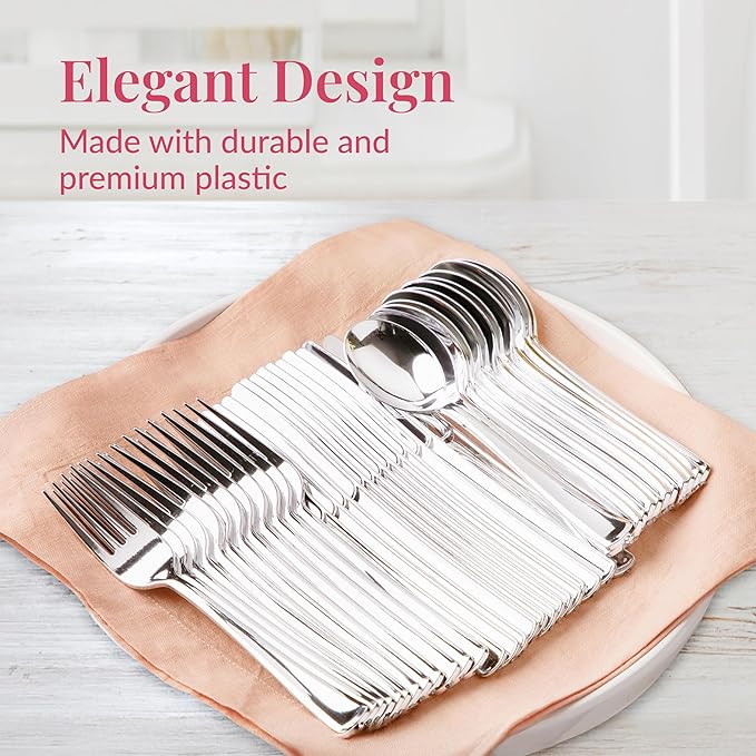 Prestee 600 Plastic Silverware Set, Silver Plastic Utensils, Disposable Flatware Set with Forks 200, Spoons, Knives, Heavy-Duty Bulk Silverwares for Christmas Parties and Events