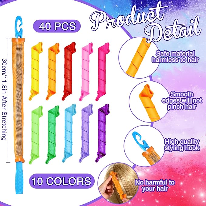 Yilloog 40 Pieces Hair Curlers Kit Heatless Spiral Curlers Tools with 2 Styling Hooks and 1 Storage Bag Multicolor Magic Curls Rollers for Women Long Medium Short Hair Classic Style-BrightBean Baby