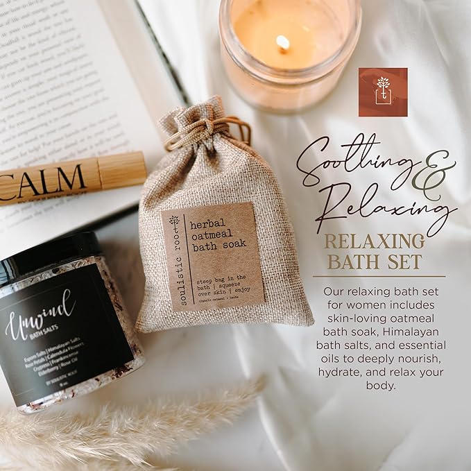 Relaxing Bath Gift Set, Luxury Spa Gifts for Women, Self Care Products for Women and Men, Calm Essential Oil Roller, Oatmeal Lavender Bath Soak & Epsom Salts with Essential Oils-BrightBean Baby