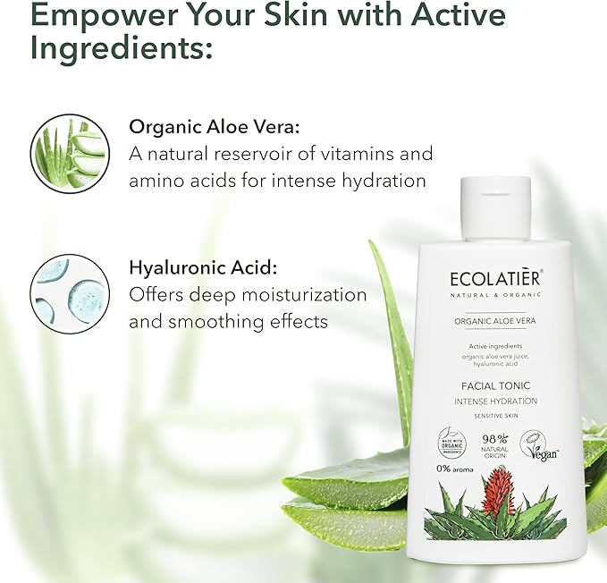 Organic Aloe Vera Facial Toner - 98% Natural Ingredients - Intense Hydration, Hyaluronic Acid, 98% Natural, Vegan - Deep Moisture, Refreshes, and Revitalizes The Skin - 8.5 Fl Oz / 250ml-BrightBean Baby