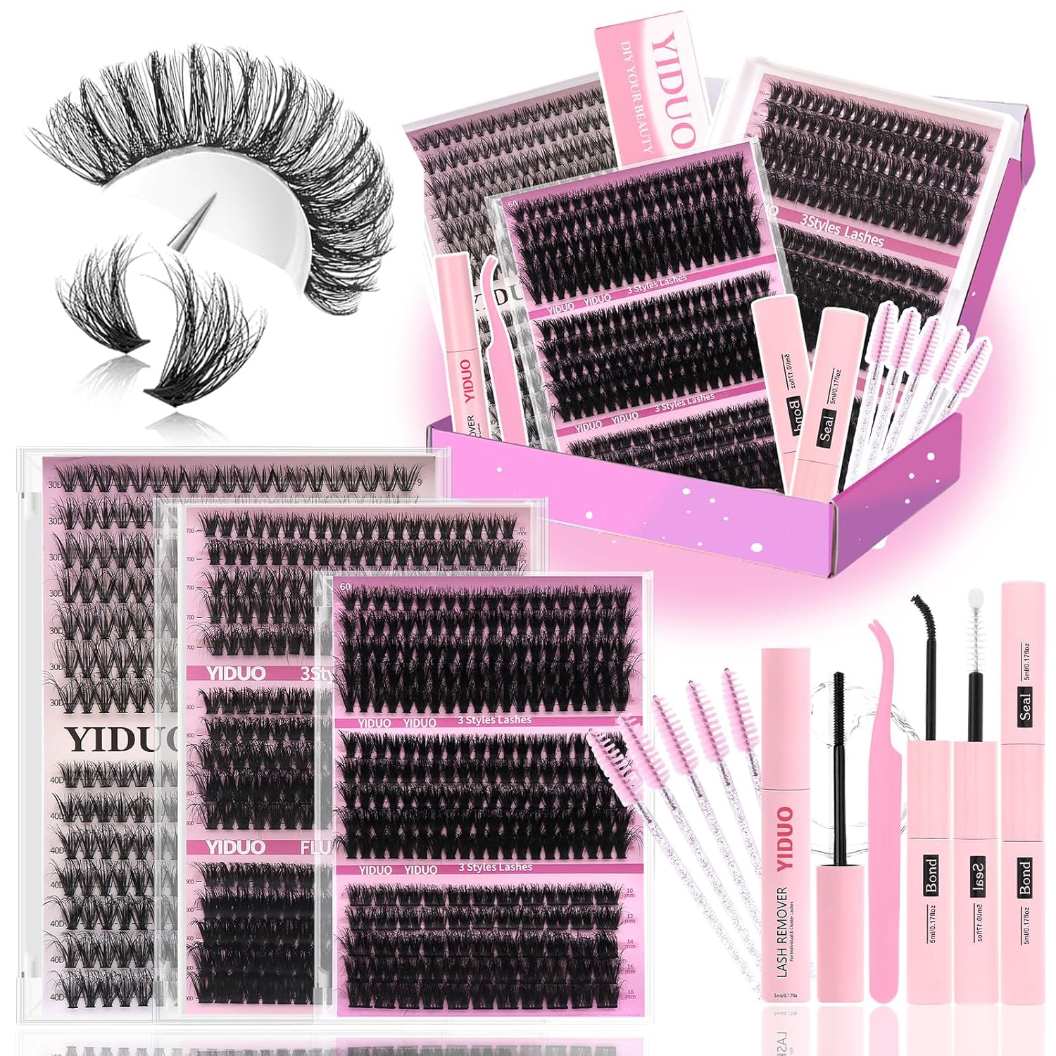 Lashes 7 style Mixed C-Curl False Eyelashes Extensions Clusters Lashes Kit Gift Packs 835Pcs with Bond&Seal Faux Mink Individual Lash Wholesale Pack DIY Individual Fake Eyelashes Box-BrightBean Baby