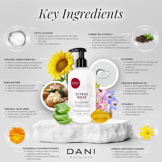 Naturals Hand & Body Lotion - Citrus Rose Scented, Deep Hydration Lotion for Dry Skin, With Shea Butter & Aloe Vera, Natural & Organic Ingredients, Paraben-Free, 12 Oz-BrightBean Baby