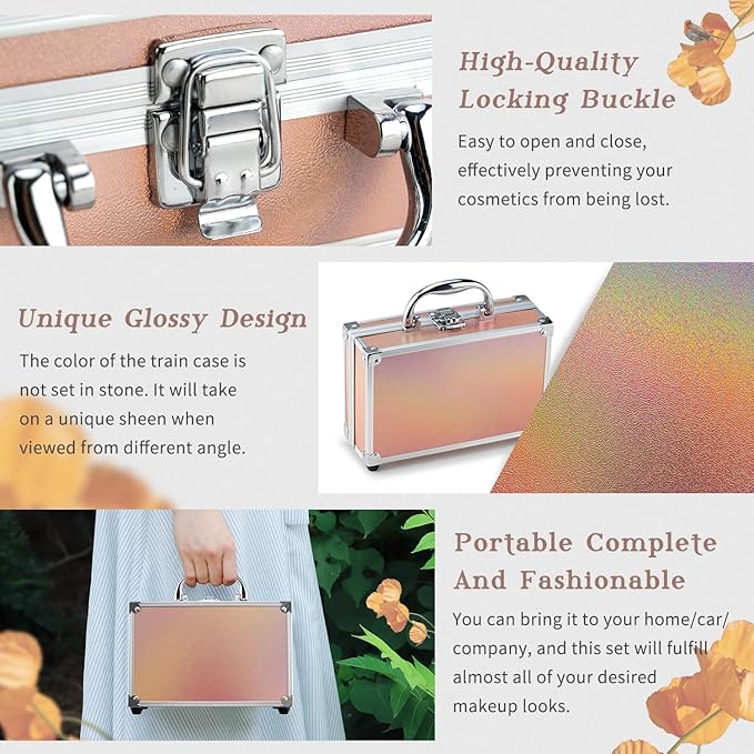 Color Nymph Beginner Makeup Kits For Teens With Train Case Included Full Makeup Kit Eyeshadow Palette Blushes Bronzer Highlighter Lipstick Brushes Mirror（Gold）-BrightBean Baby