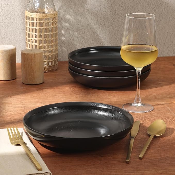 Gibson Elite Beckett 4-Piece 9 Inch Dinner Plate Bowl Set – Reactive Glaze Stoneware – Shallow Serving Pasta Bowls (Blate) – Round Wide-Rim Design – Microwave & Dishwasher Safe - Black