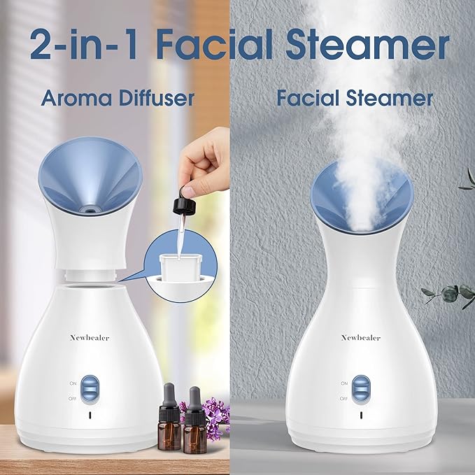 Newbealer 2in1 Facial Steamer, Hot Mist Facial Aromatherapy Humidifier Atomizer, Large Face Steamer Unclogs Pores Sinuses Moisturizing, Home Sauna Spa with Eyebrow Set (Blue, 170ml)-BrightBean Baby
