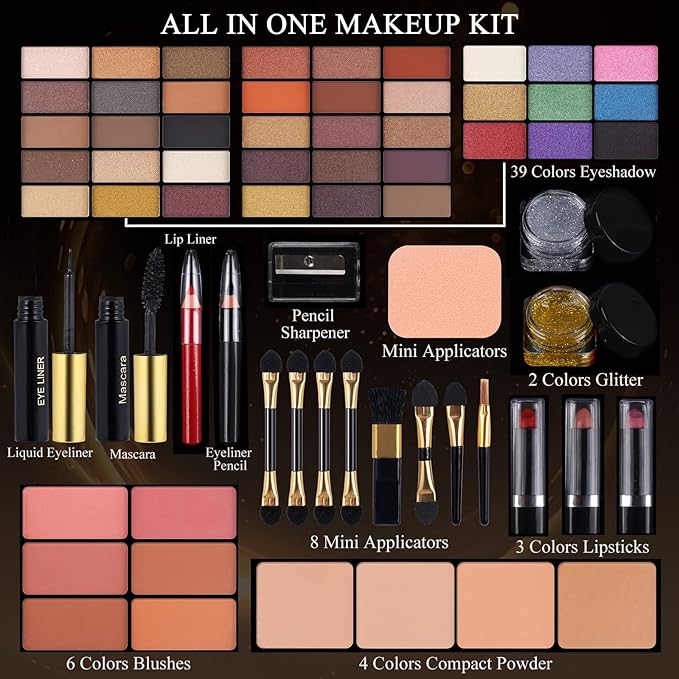 Professional Makeup Kit for Women Full Kit with Mirror 58 Colors All in One Make up Gift Set for Girls Included Eyeshadow,Compact Powder,Blusher,Lipstick,Eyebrow Pencil,Gitter Gel,Eyeliner,Mascara (N)-BrightBean Baby