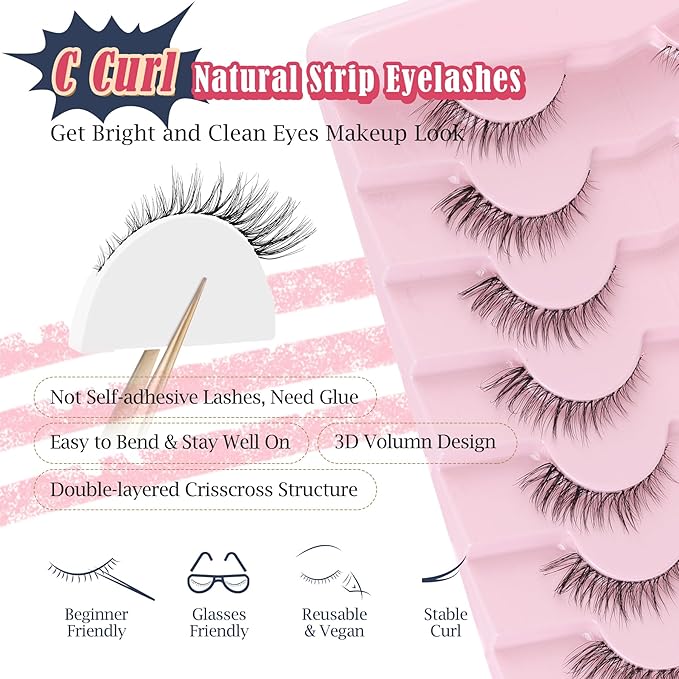 Cat Eyelashes Natural Eye Lashes 12mm False Lashes Wispy Thin Band 3D Volume Fake Eyelash C Curl Lash Pack Natural Look 7 Pair-BrightBean Baby
