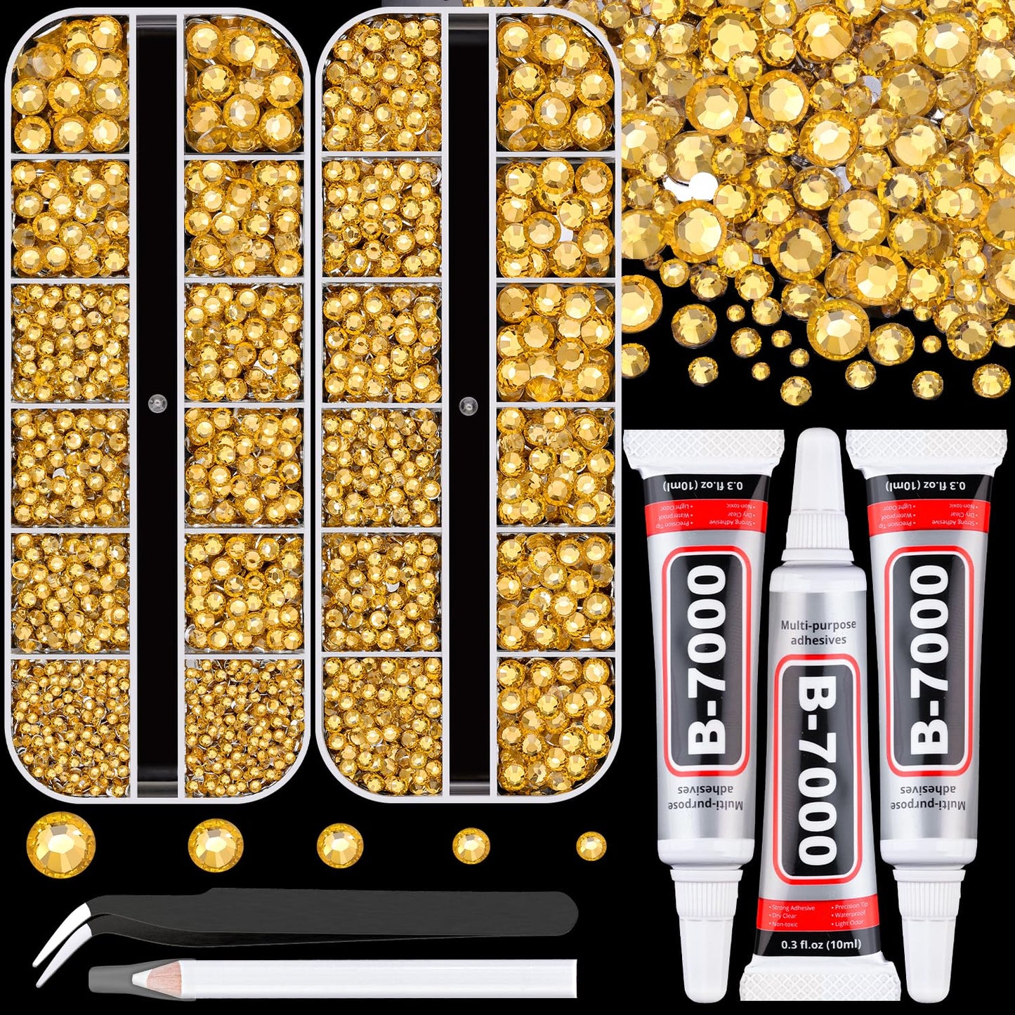 Resin Rhinestones for Crafting with B7000 Jewelry Glue, 2 Boxes Golden Yellow Flatback Crystals with 3Pcs 10ml Glue for Bedazzling Crafts DIY Nail Art Makeup, Gems for Clothing Shoes-BrightBean Baby