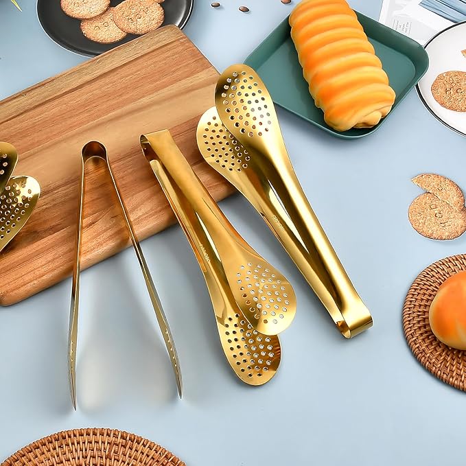 8 PCS Serving Tongs 9 Inch, Gold Tongs for Serving Food, Stainless Steel Tongs for Serving, Serving Utensils Cooking Clips for Buffet, Appetizer, Dessert, Parties