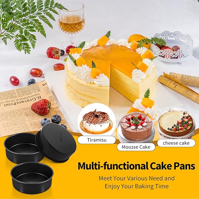 P&P CHEF Cake Pan Set of 3, Non-Stick Round Baking Cake Pans Tins for Tier Smash Cakes, Non-Toxic & Solid, Stainless Steel Core & Leak-Proof, 6 Inch