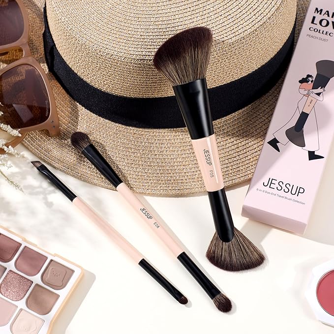 Jessup Travel Makeup Brushes Set 3pcs, Double Sided Contour Brush Dual Ended Eye Shadow Shader Eyeliner Brush, Multi-functional Makeup Set Peach Dust T507-BrightBean Baby